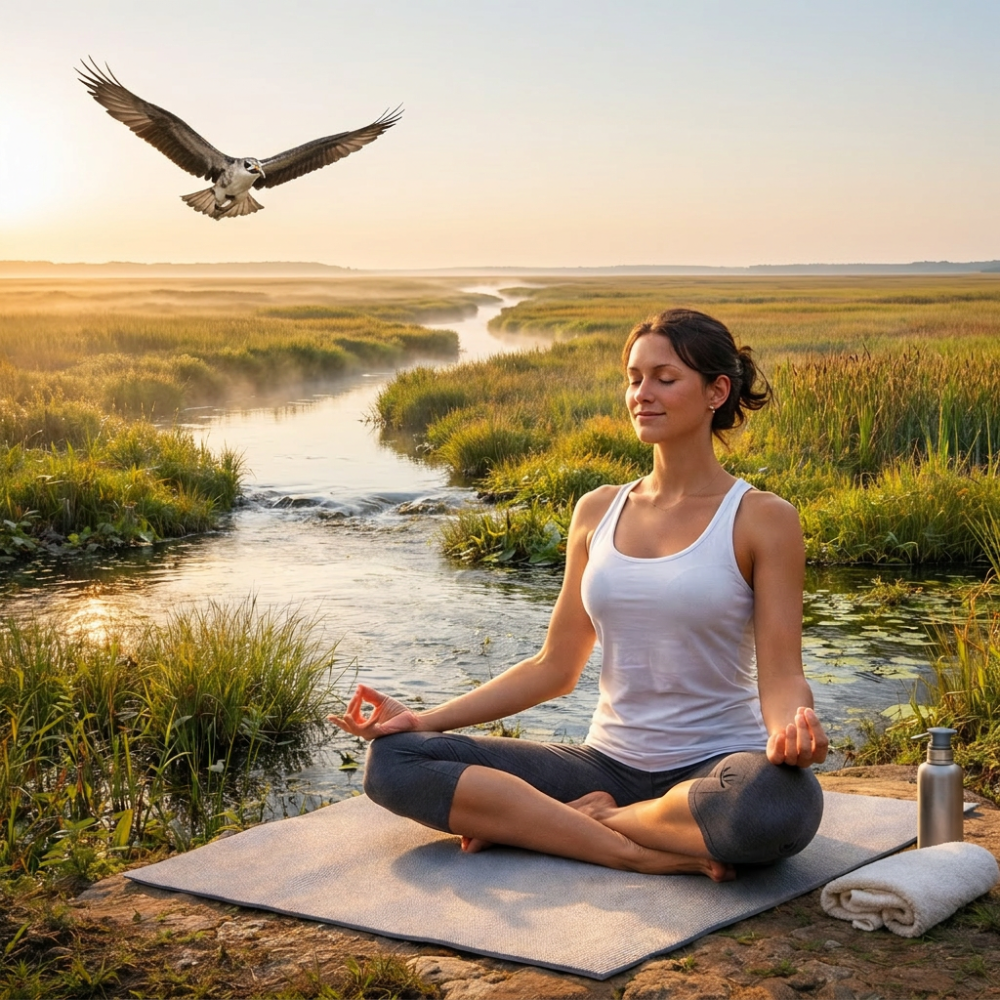 Woman sitting cross-legged on a yoga mat meditating by a river with forest and mountains in background